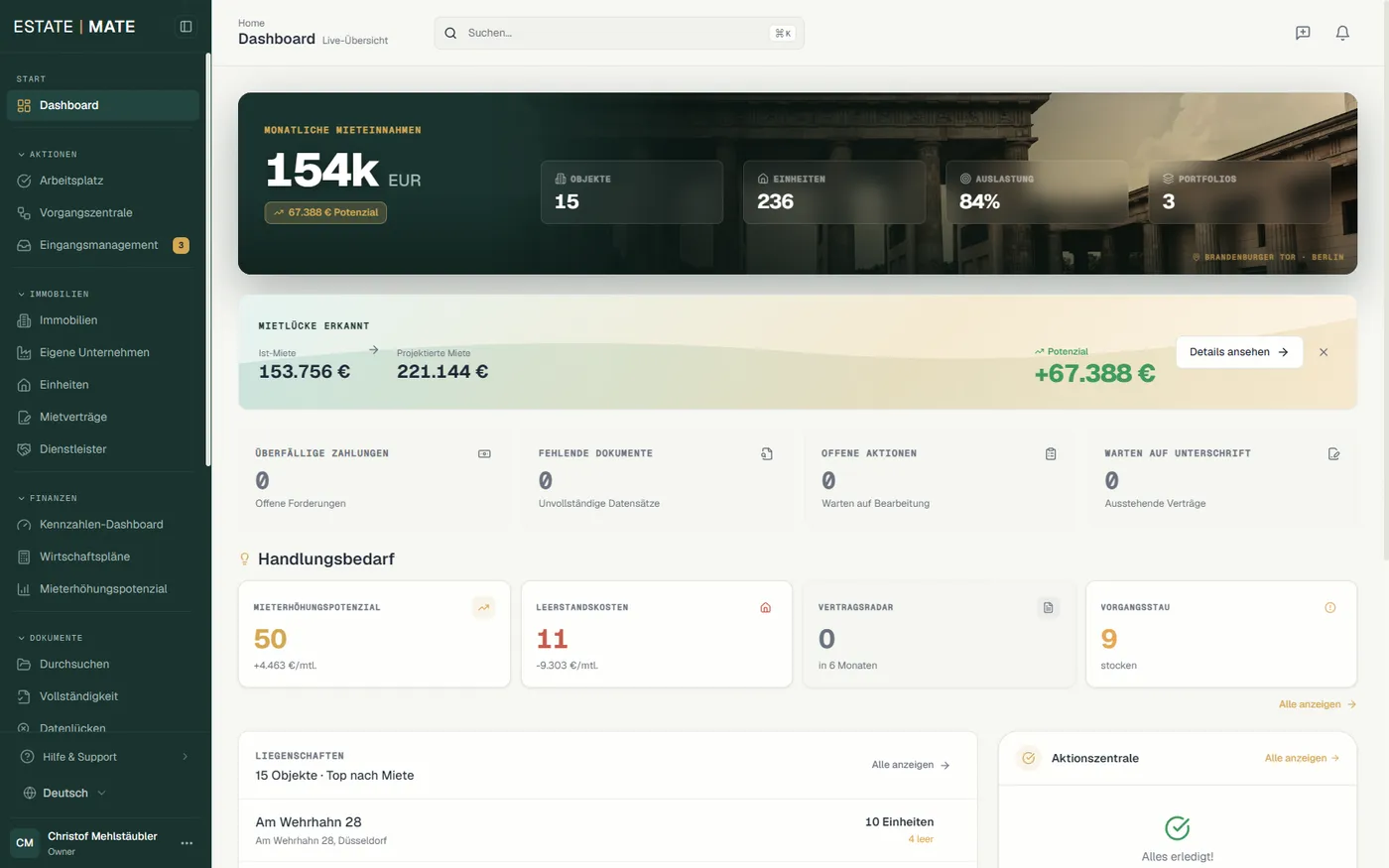 EstateMate Dashboard mit Mieteinnahmen, Mietlücke und Kennzahlen